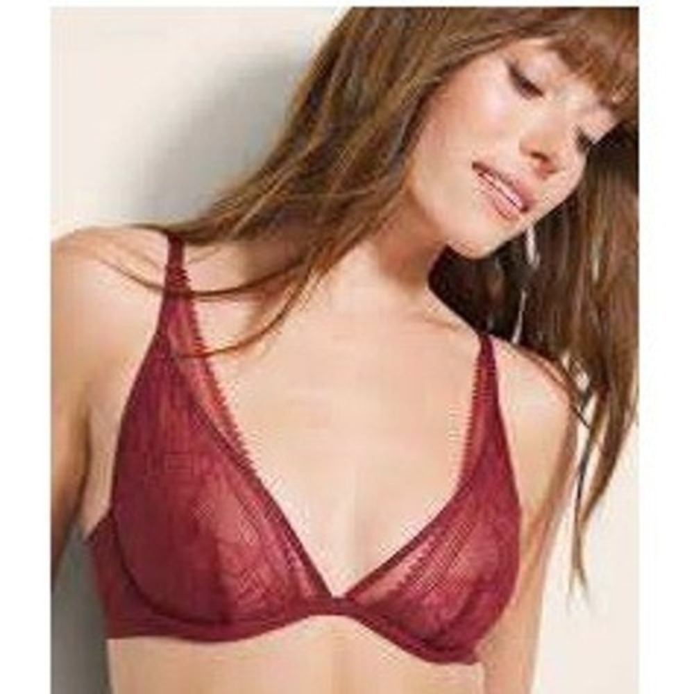 Soma Plunge Lace Mesh Unlined‎ Bra Mahogany Red 32B NWTS